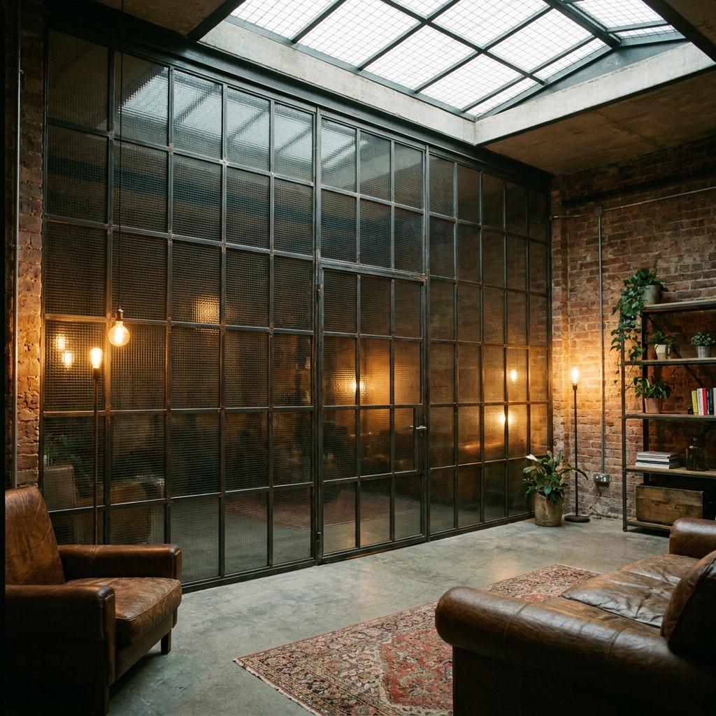 Draadglas in industrieel interieur